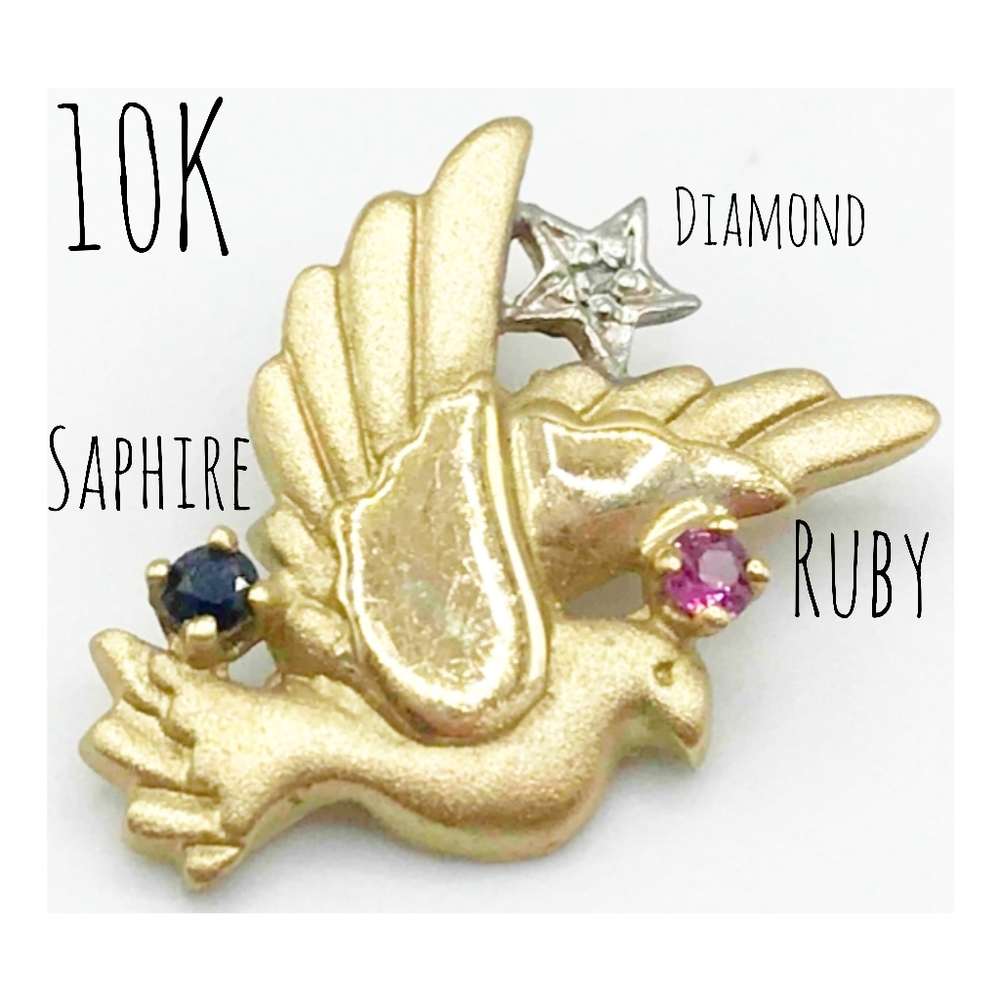 10K Solid Yellow Gold Diamond Ruby Saphire Dove Bird Pendant